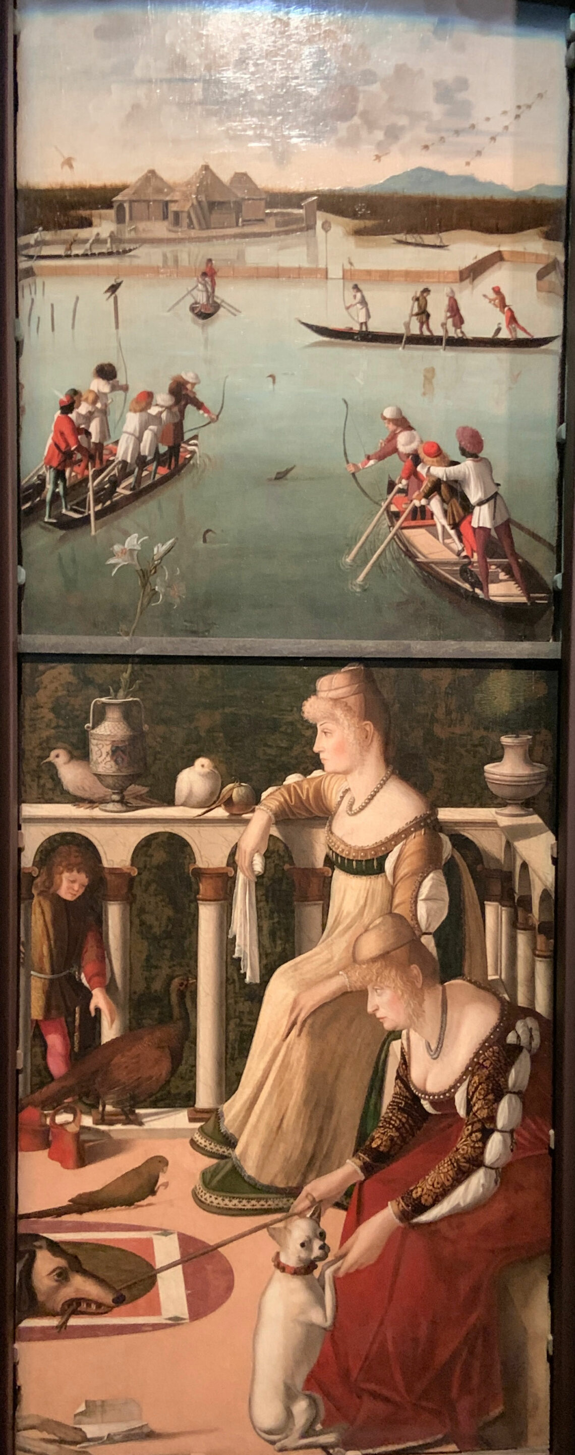Vittore Carpaccio, due pannelli di una porta: "Due Dame" Museo Correr e "Caccia in valle" J.Paul Getty Museum, Los Angeles ca. 1492/1494
