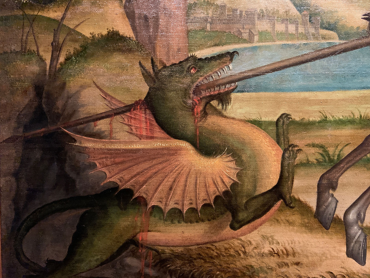 Vittore Carpaccio "San Giorgio che uccide il drago e quattro scene del suo martirio" 1516, olio su tela, Abbazia di San Giorgio Maggiore, Venezia. "
