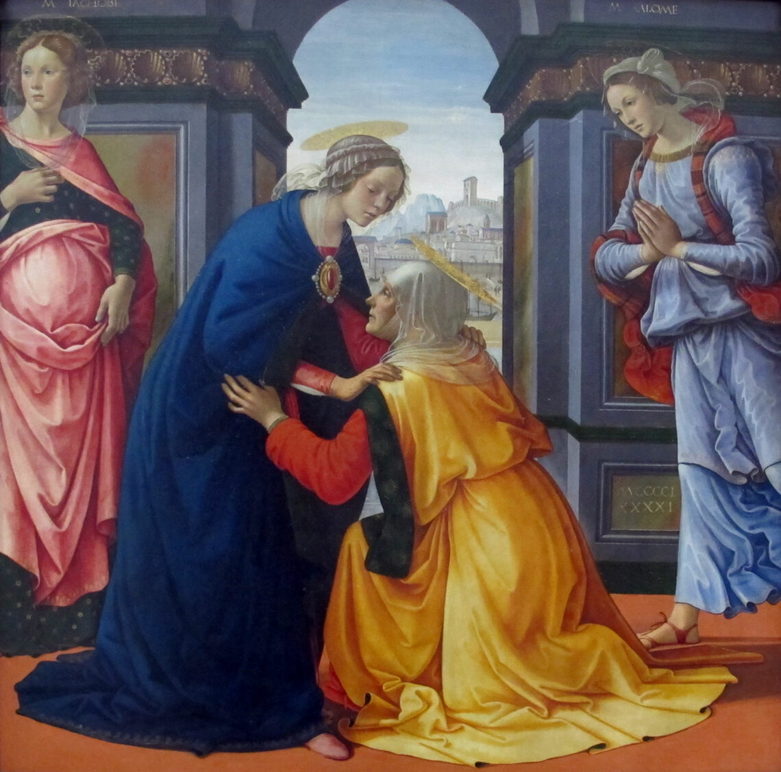 Domenico Ghirlandaio "Visitazione" 1491, Tempera su tavola, cm 172x165. Parigi, Musée du Louvre.