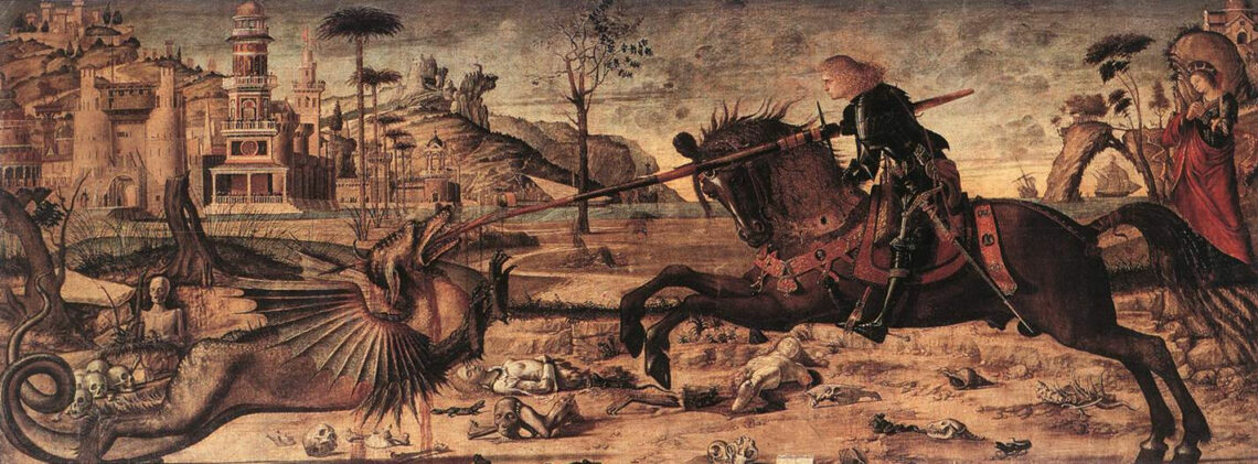 Vittore Carpaccio “San Giorgio e il drago” 1502, tempera su tavola 141x360 cm. Scuola di San Giorgio degli Schiavoni, Venezia.
