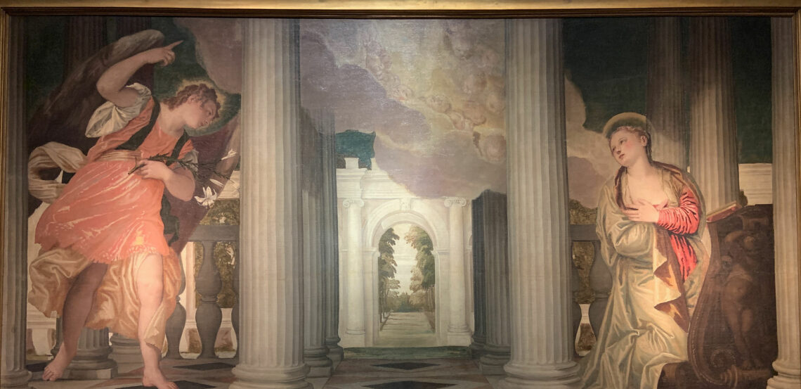 Paolo Veronese "Annunciazione" 1556 circa, olio su tela 143x291 cm, Gallerie degli Uffizi, Firenze.