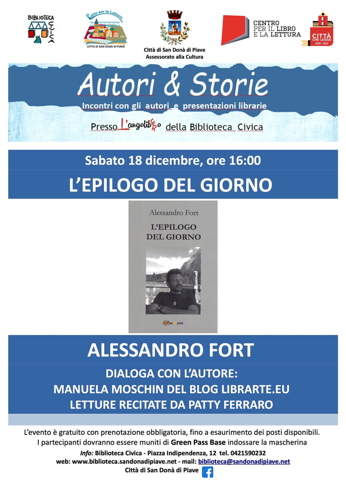 "L'epilogo del giorno" di Alessandro Fort. Presentazione presso la biblioteca di S.Donà di Piave Dialoga con l'autore: Manuela Moschin