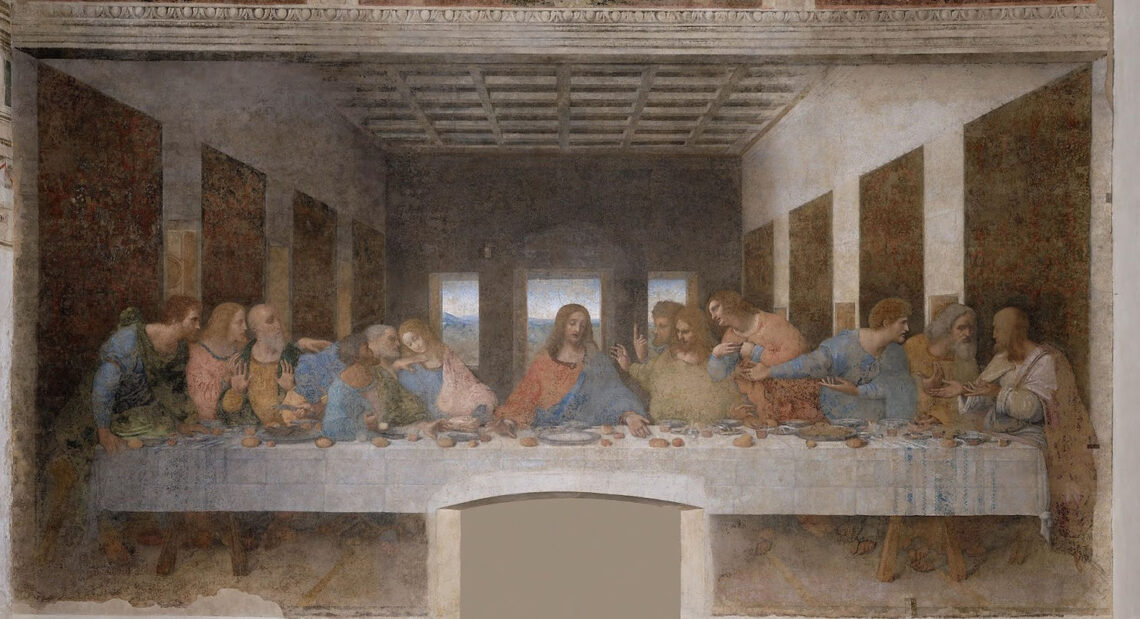 Leonardo da Vinci "Il Cenacolo Vinciano" (Ultima Cena) 1495-1498, tempera e olio su due strati di preparazione gessosa stesi su intonaco -  cm. 460×880 Refettorio - Convento di Santa Maria delle Grazie, Milano (Fig.1)