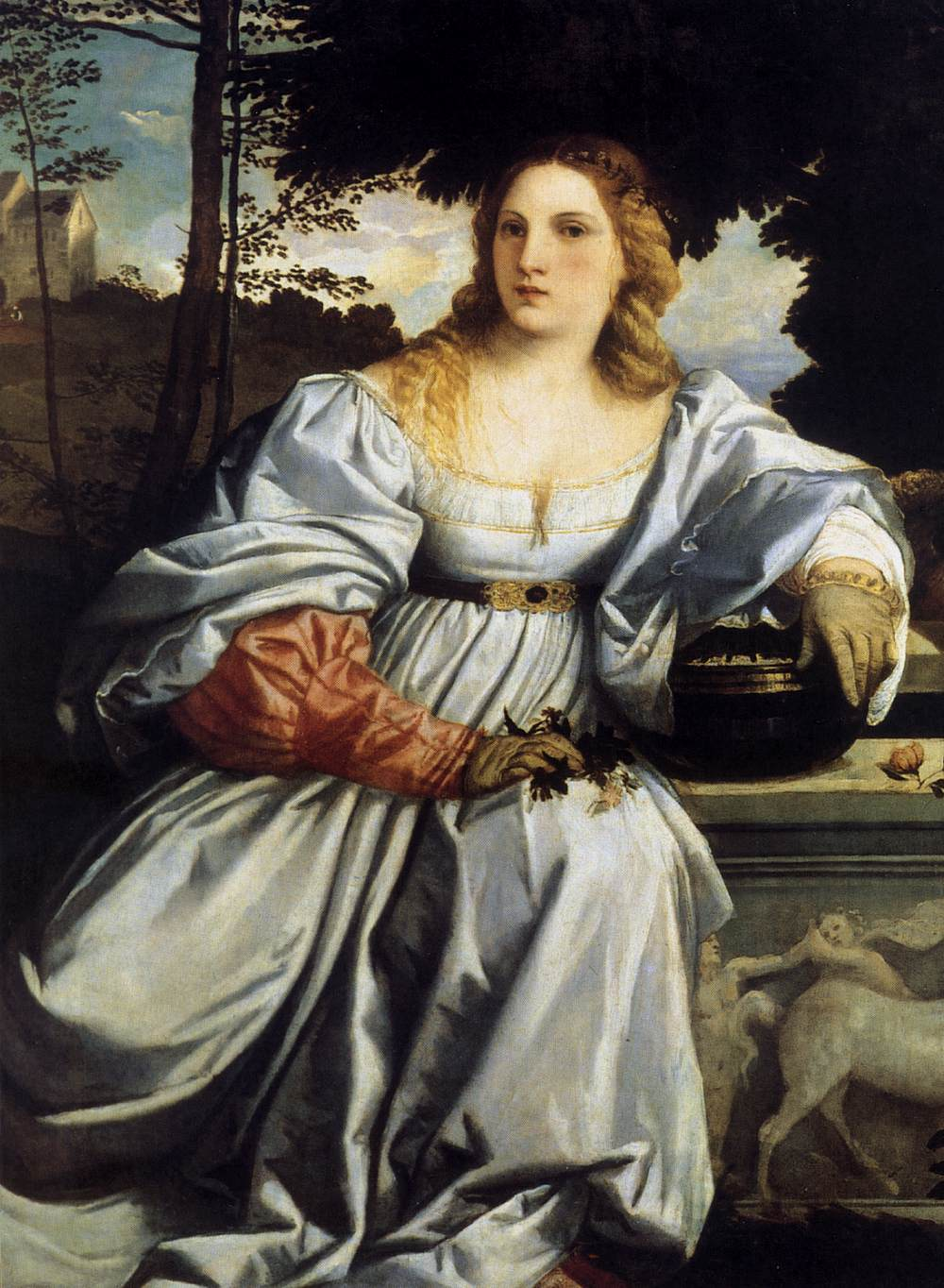 Particolare: Tiziano Vecellio "Amor Sacro e Amor Profano" 1515 circa, olio su tela cm. 118x279, Galleria Borghese, Roma.