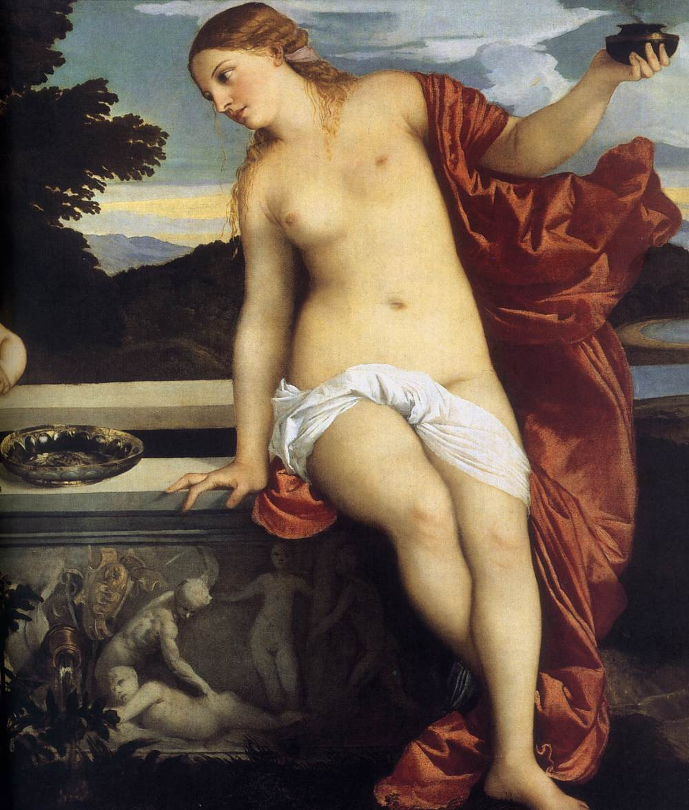 Particolare: Tiziano Vecellio "Amor Sacro e Amor Profano" 1515 circa, olio su tela cm. 118x279, Galleria Borghese, Roma.