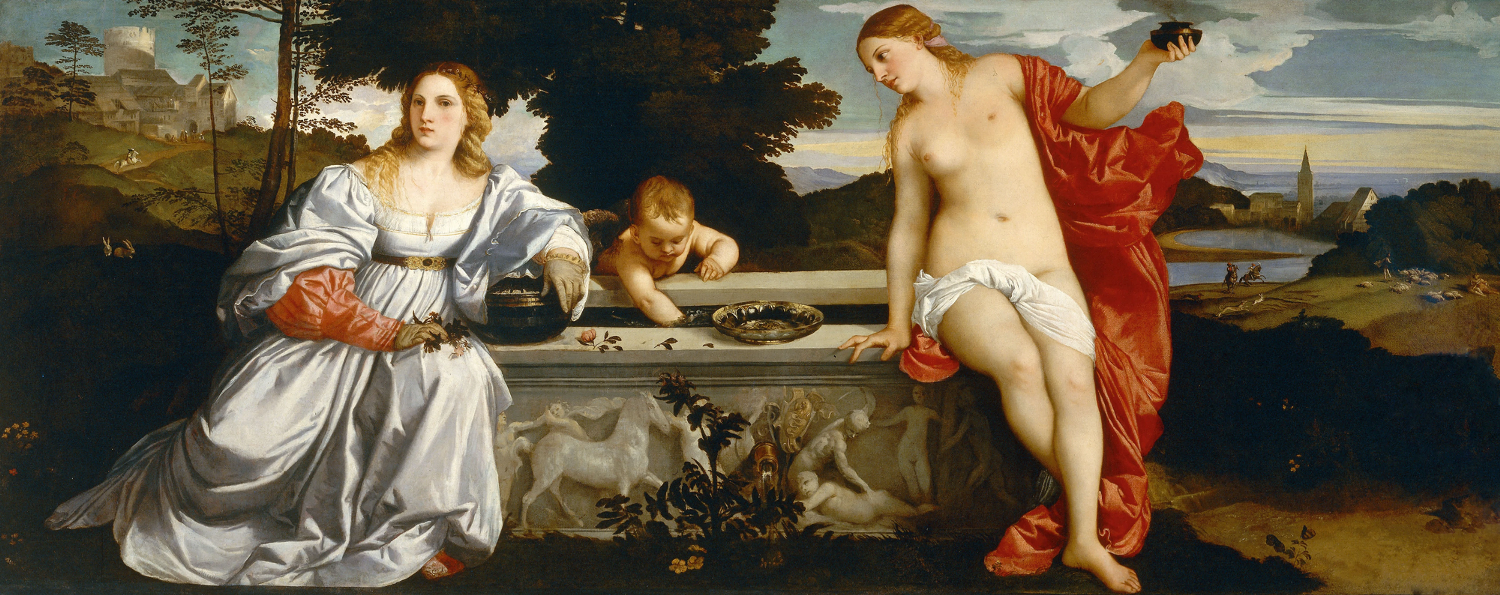 Tiziano Vecellio "Amor Sacro e Amor Profano" 1515 circa, olio su tela cm. 118x279, Galleria Borghese, Roma.