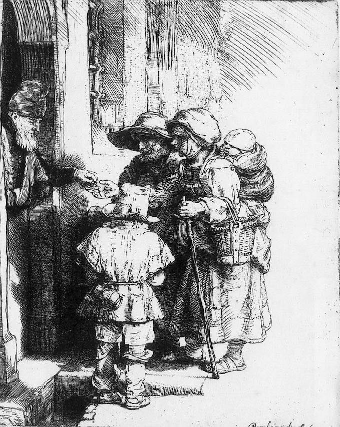 “I mendicanti alla porta di casa” Rembrandt 1648 incisione all’acquaforte (Fig.1)