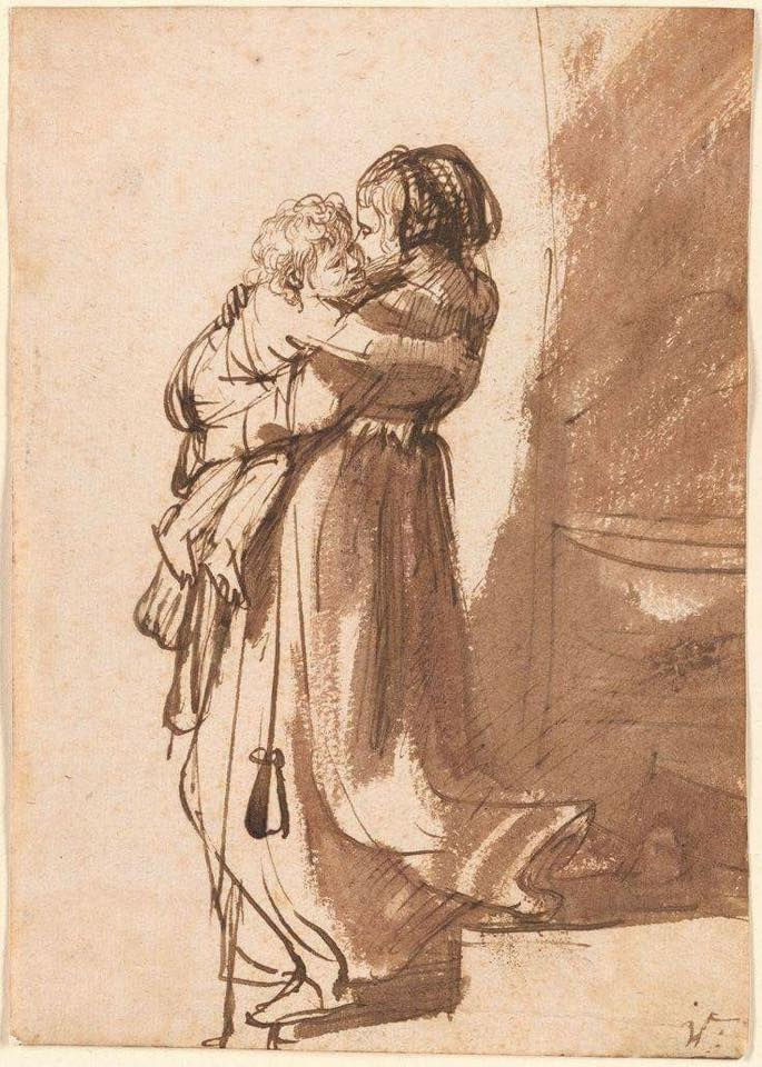 “Donna che scende le scale con un bambino in braccio” Rembrandt 1635/36 disegno a penna, pennello e inchiostro bruno (Fig.2)