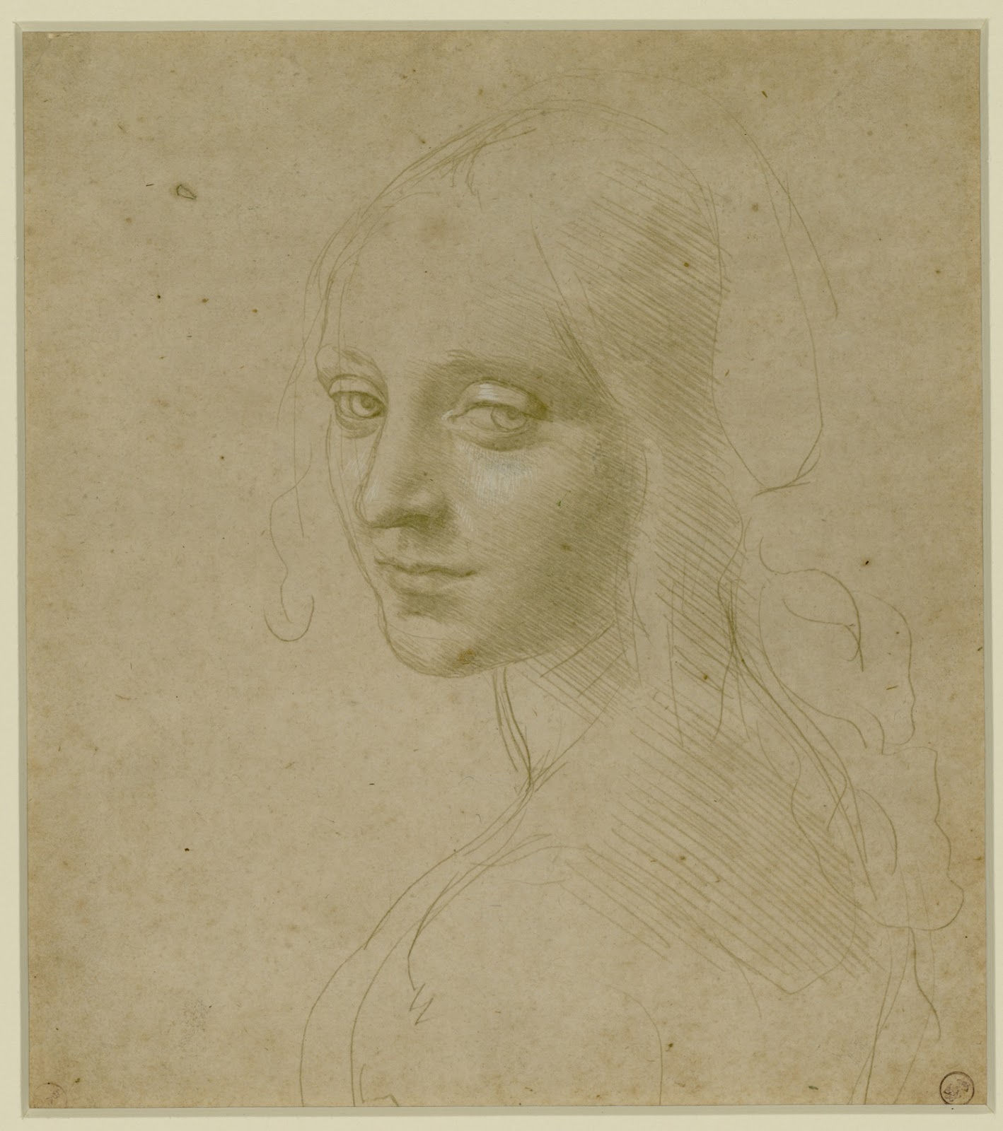 Leonardo da Vinci "Ritratto di fanciulla, presunto studio per il volto dell'angelo della Vergine delle Rocce" Biblioteca Reale di Torino 1483-1485 - punta metallica e biacca collocazione Dis. It. /I.19 (Fig.2)